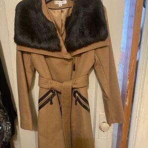 Via Spiga Camel Trench Coat with Black Faux Fur Collar